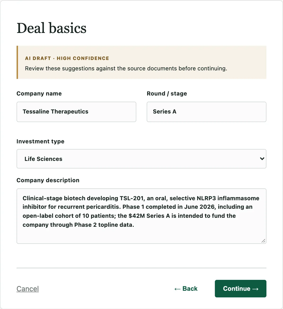 The New Investment form after AI drafted it from a fictional biotech's data room, with the company name, round, investment type, and description already filled in